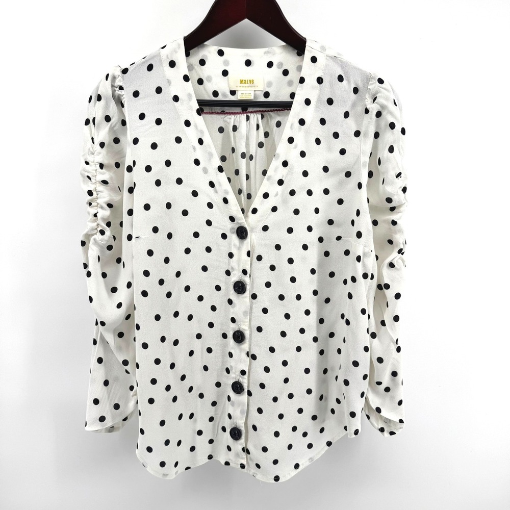 Maeve Polka Dot Blouse Women Medium White Black Button Up Office Anthropologie